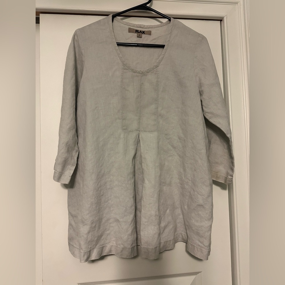 FLAX Women’s Sz P (4-6) 3/4 Sleeve Linen Lagenlook Flowy Top Gray Scoop Neck